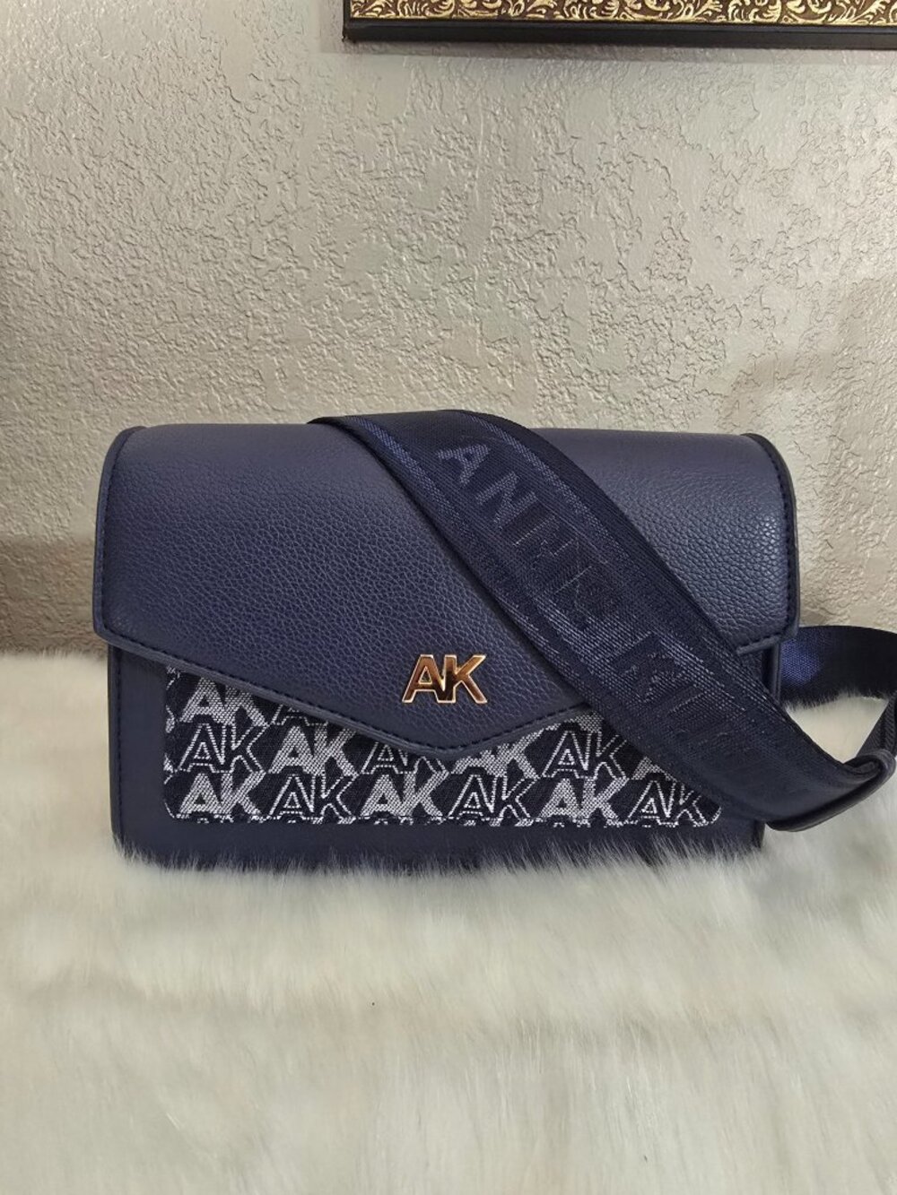 Anne Klein Navy Blue AK Monogram Crossbody Bag Gold Hardware Wide Strap